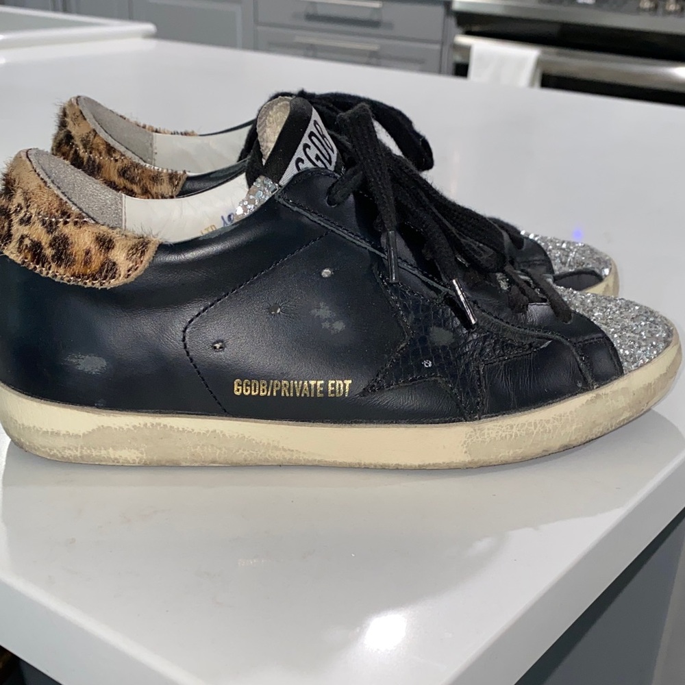 Golden Goose Black and Silver Sneakers with Leopard Detail 36 Superstars